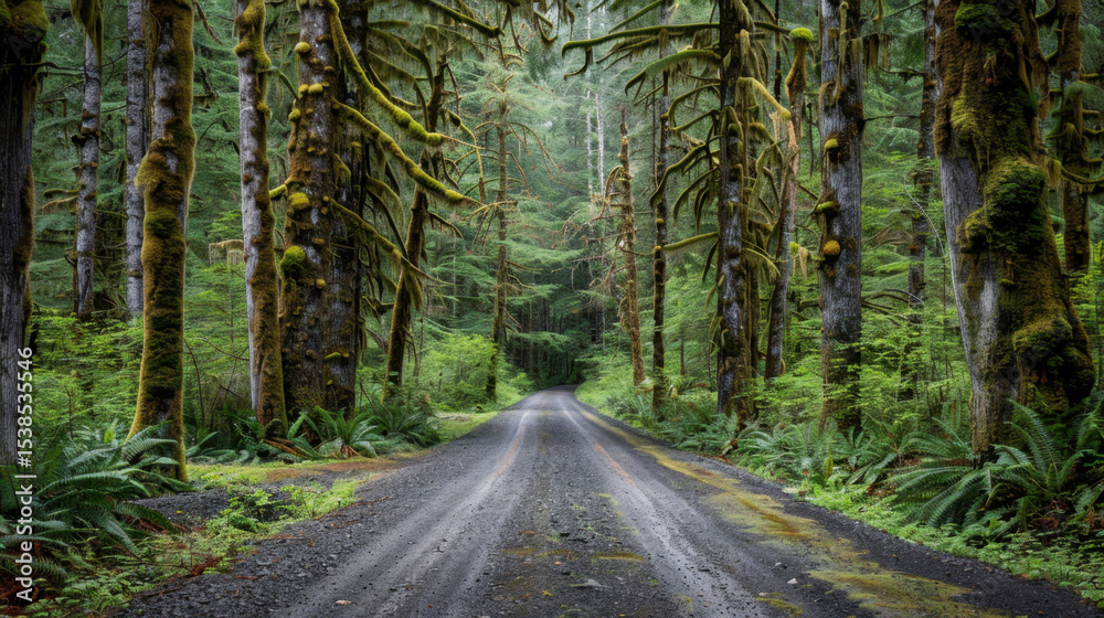Obraz premium Serene gravel road surrounded by towering moss covered trees creates tranquil atmosphere in lush forest