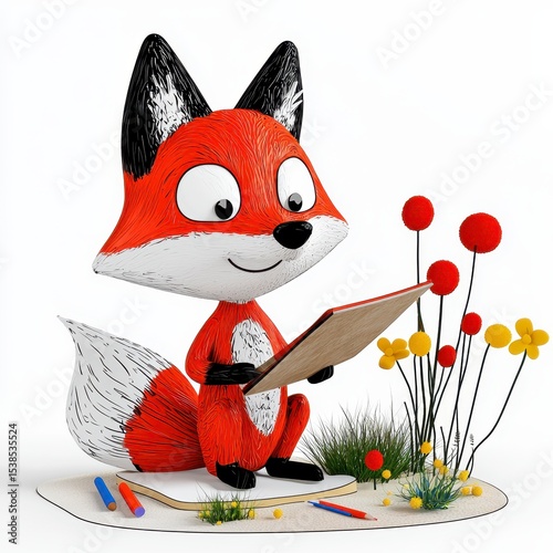 Cheerful Cartoon Fox Sketching Amidst Wildflowers
