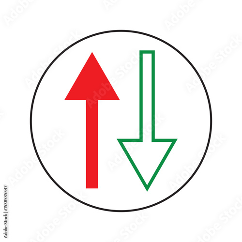 Simple up and down green and red arrows. Upward, downward arrows isolated on white background, set of two.