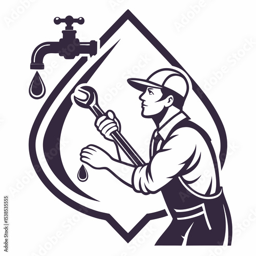Flat plumber icon with faucet and drop