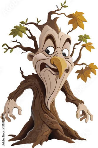 Animated Cartoonish Tree Character: An anthropomorphic tree character with animated features like a face, hands, and vibrant leaves brings a whimsical forest fantasy to life, full of nature charm