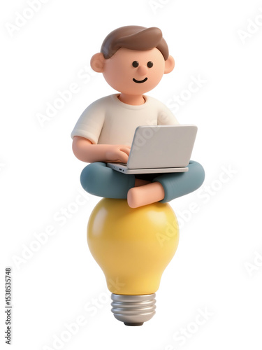 3D cartoon boy sitting cross-legged on a yellow light bulb while using a laptop, symbolizing creativity, ideas and digital work, isolated on white background, perfect for innovation and tech themes