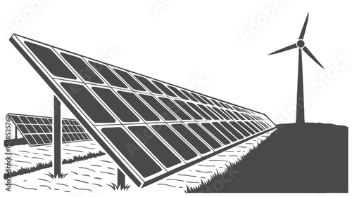 Illustration showing solar panels and a wind turbine as renewable energy sources in a field view
