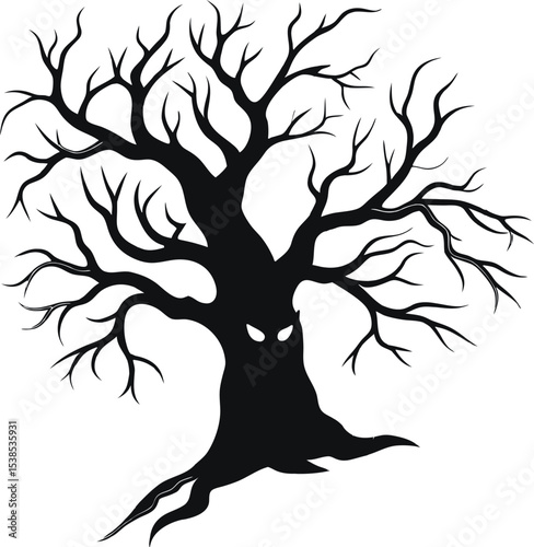 Haunted Tree Silhouette: This striking illustration captures the eerie essence of a spooky haunted tree, evoking a sense of mystery.