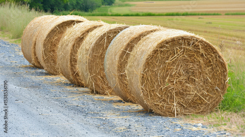 Bales of hay lined along gravel rural road, surrounded by lush green fields, create serene countryside scene