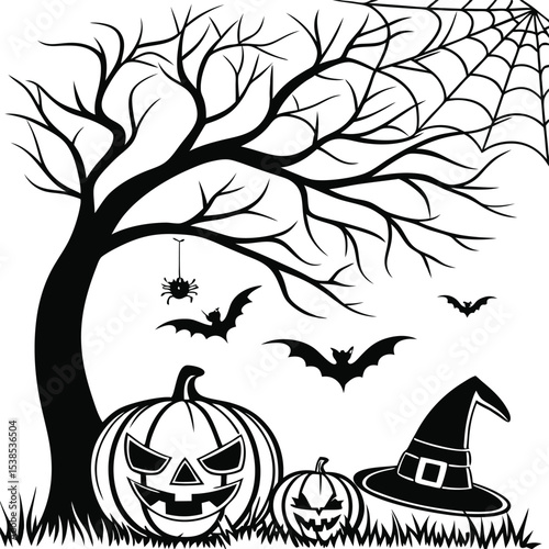 Spooky Halloween: Halloween decorations against a monochromatic backdrop. An ominous silhouette of a tree, bats, pumpkins, spiderwebs, and a witch's hat.