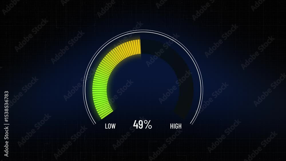 Gauge meter increasing from low to critical high, dashboard dial chart element increasing from 0% to 100%, process indicator bar, level measuring, presentation template with copy space