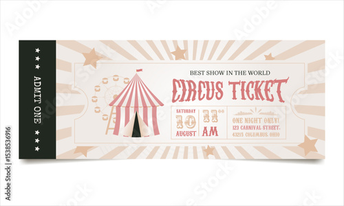 Vintage Circus Ticket with Tent and Ferris Wheel in Beige Tones.Retro Carnival Invitation Template