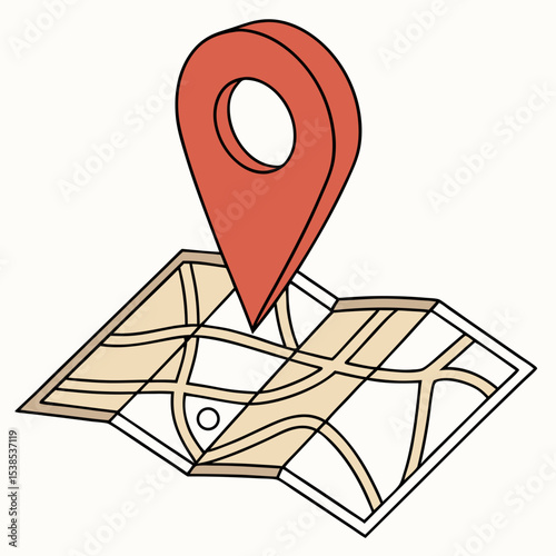 Red location icon vector with folded map background