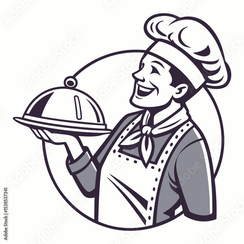 Smiling chef icon holding a covered platter