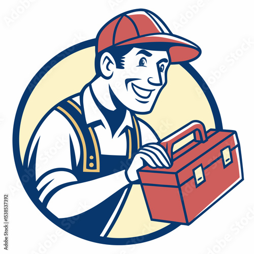 Smiling plumber icon with toolbox
