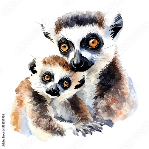 A Mother Lemur With Her Kid, watercolor clipart vector, isolated on a white background.