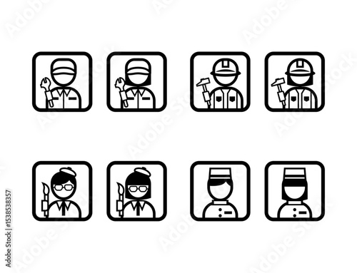 四角いシンプルなモノクロ職業イラストアイコンセット（整備士・大工・画家・ホテルスタッフ）