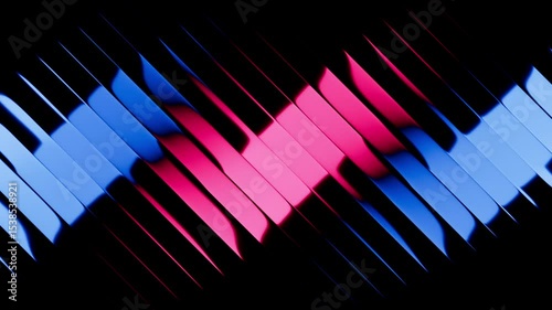 Cyclic 3D animation. A blue-pink gradient slides inside black glossy diagonal lines. Abstract minimalist background divided into stripes with reflection. Optical illusion with a transformation effect