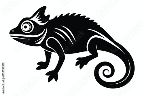 A monochrome chameleon with spiky crest and curled tail appears on white background