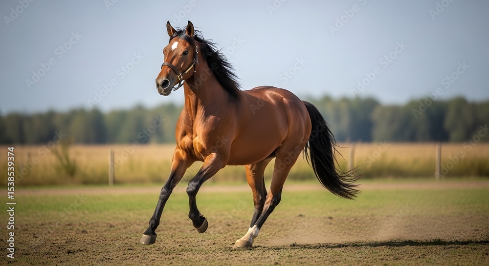 Fototapeta premium Chestnut Horse Galloping Across Sunny Field