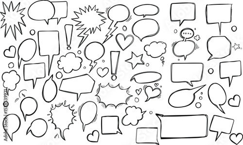 Speech bubble text frame dialog cloud hand drawn set. Blue flat doodle talk speech bubble frame. Hand drawn line chalk frame, think balloon, children doodle text cloud icon. Vector illustration.