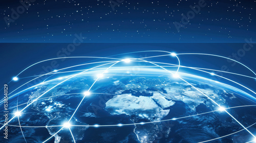 Digital network connections illuminate globe, showcasing vibrant web of communication across continents and oceans