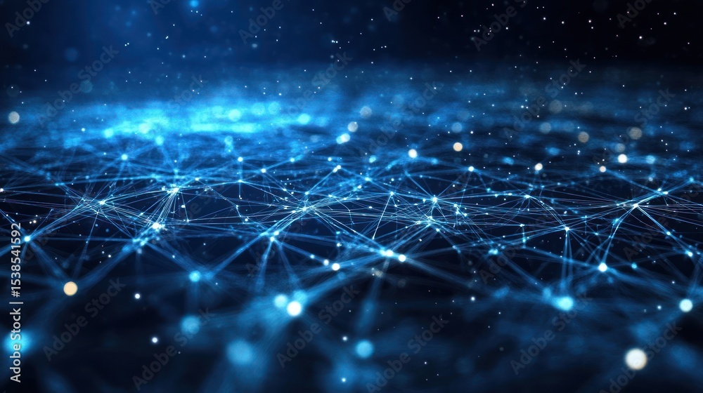 Obraz premium Sophisticated blue network of luminous nodes with dynamic particle trails
