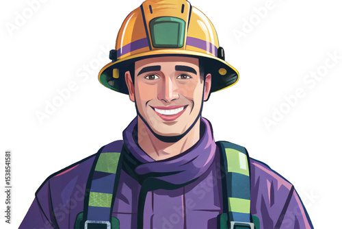 firefighter with confident smile standing on white isolated background, symbolizing bravery, duty, protection, and emergency response service in urban and rescue environments