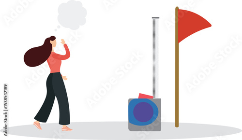 growth metric analysis concept, smart businessman using measuring tape to measure and analyze distance from target flag.flat character life .