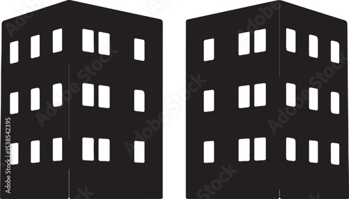 Architectural silhouettes of urban buildings with film strips and a film camera