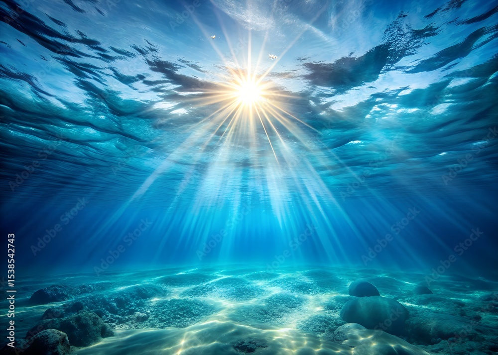 Naklejka premium Underwater Scene Sunlight Rays Blue Water Surface Texture