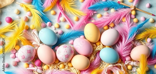 Pastel candy-colored Easter eggs and feathers scattered on a festive background, colors, stylish