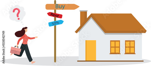 House buy or rent, making decision for owning property and real estate, long term debt or mortgage, investment or lifestyle choice concept.flat character life .