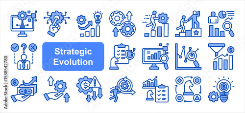 Strategic evolution icon collection set. Digital transformation, Innovation, Adaptation, Agility, Continuous improvement, Leadership, Strategic management.
