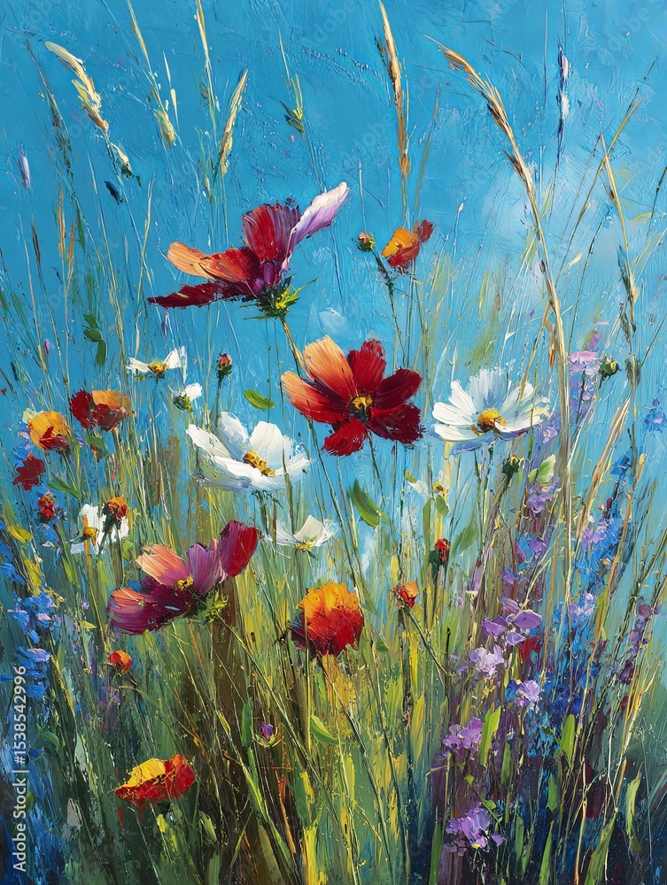 Obraz premium A peaceful summer meadow landscape oil painting with blooming wildflowers and a clear blue sky, featuring soft brushstrokes and a calm, natural atmosphere for tranquil decor and art concepts.