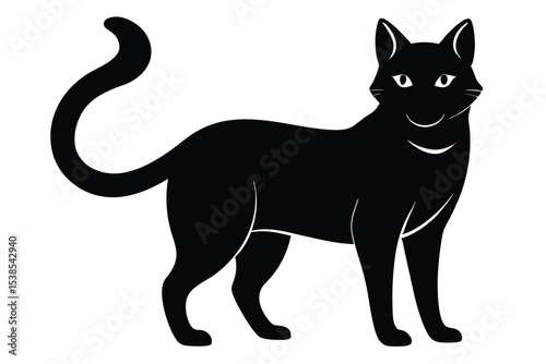 Alert black cat stands observing with watchful eyes and a curled tail behind