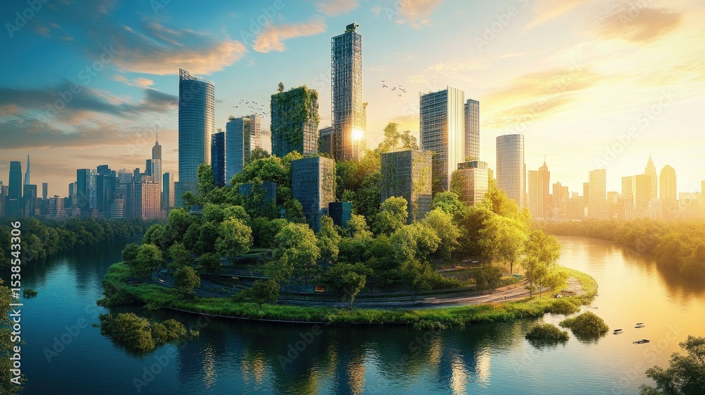 Obraz premium Urban Oasis Design Concept in a Modern City with Lush Greenery and High-Rise Buildings Surrounded by Water
