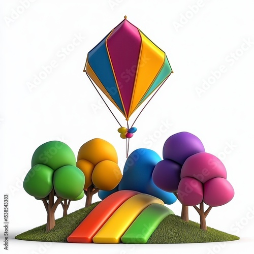 Colorful Cartoon Kite Over Rainbow Path and Whimsical Trees