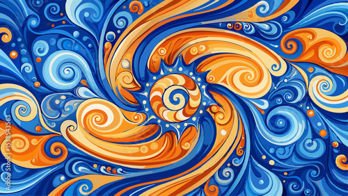 Abstract blue and orange ceramic glaze background with intricate swirls and textures, orange Very beautiful