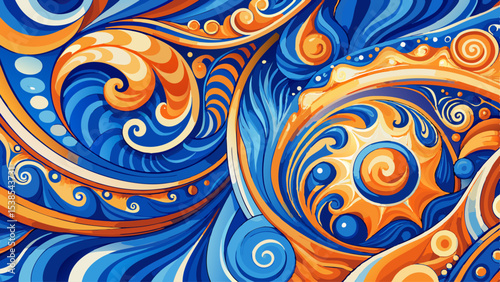 Abstract blue and orange ceramic glaze background with intricate swirls and textures, orange Very beautiful