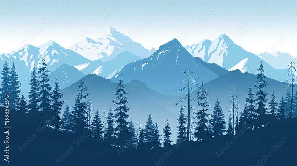 Obraz premium Serene landscape featuring pine trees at base of majestic mountains with snowy peaks in background, evoking sense of tranquility