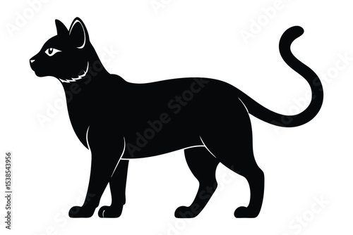 A sleek black silhouette cat confidently stands gracefully, displaying its slender form with a curled tail