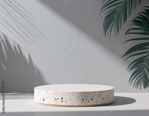Minimalist Terracotta Scene with Round Stone Stand and Natural Greenery