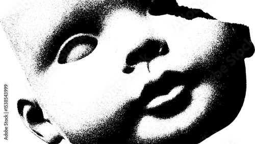 Chipped porcelain doll face in high contrast black and white design for art projects