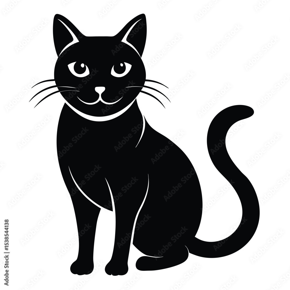 Obraz premium Smiling sleek black cat sits upright looking forward directly on white background