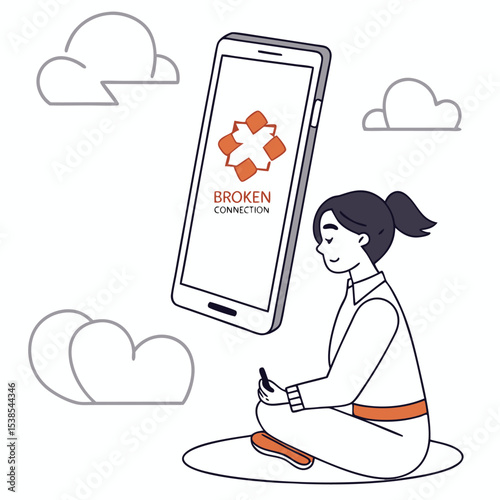 Woman meditating with broken connection on phone surrounded by clouds in illustration style