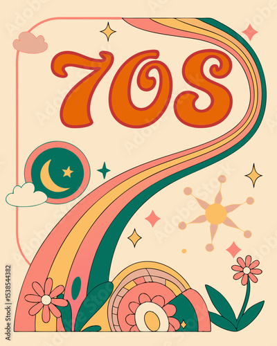 Hippie posters. Psychedelic retro poster with floral chamomile shapes, stars and flowers. decorative design 1970s style. Vector abstract vintage wallpaper