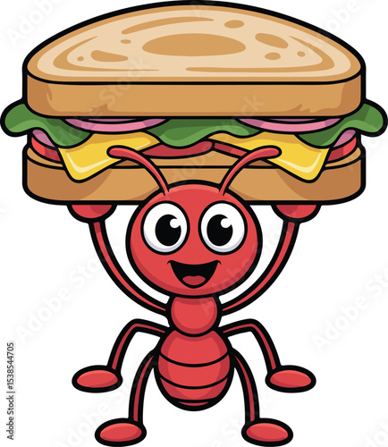 Ant, beaming with delight, carries a hefty sandwich