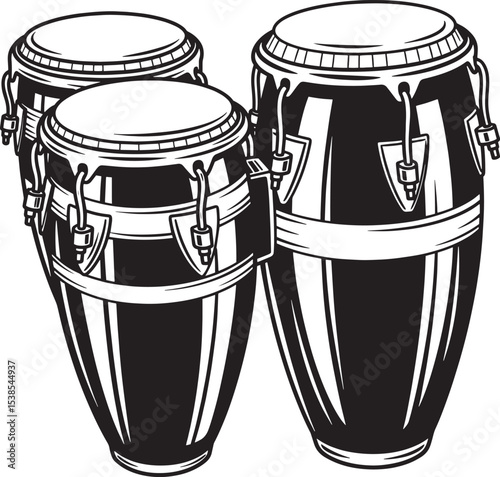Three Black and White Conga Drums Vintage Style Illustration
