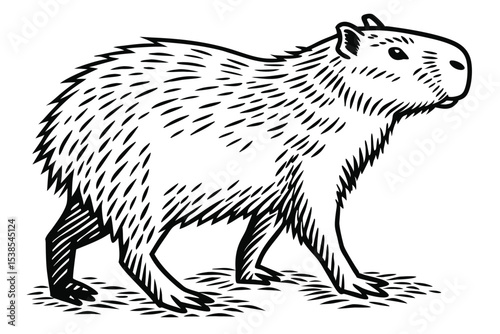 Detailed monochrome illustration depicts a stylized capybara standing calmly with thoughtful eyes