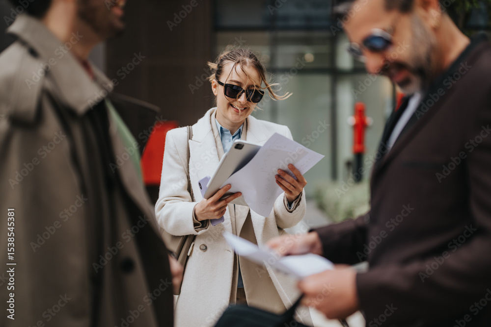 Obraz premium Business people engaging in a casual discussion outdoors, sharing documents and enjoying a relaxed atmosphere.