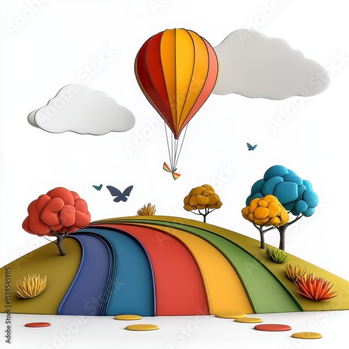 Colorful Hot Air Balloon above Rainbow Road in Whimsical Landscape