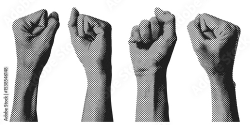 Tableau sur toile Four clenched hand fists in halftone black and white symbolize strength, power, unity, and solidarity