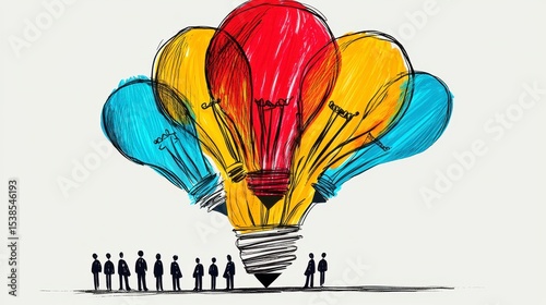 Colorful Lightbulb Hot Air Balloon Sketch with Observing Figures